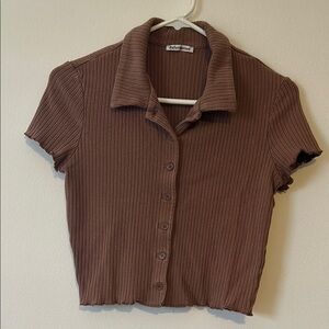Reformation Brown Ribbed Crop Button Down Shirt